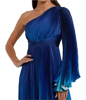 Mac Duggal Charmeuse Ombre Print One Shoulder Neck One Long Sleeve Pleated Gown