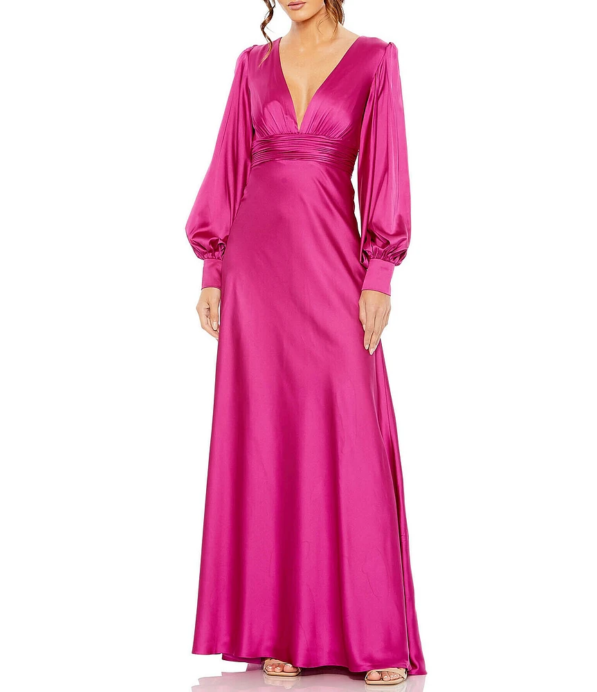 Mac Duggal Charmeuse V-Neck Long Bishop Sleeve Gown