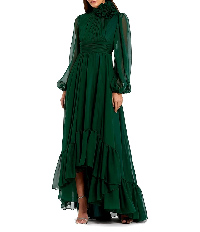 Mac Duggal Chiffon 3D Flower Turtle Neck Illusion Long Balloon Sleeve Ruffle  Hem High Low Gown | Liberty Center
