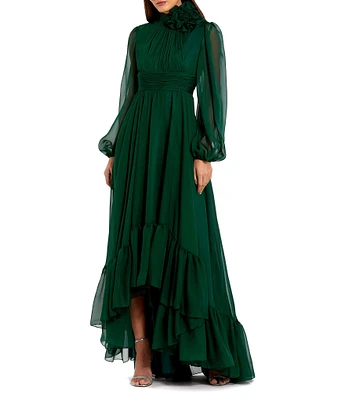 Mac Duggal Chiffon 3D Flower Turtle Neck Illusion Long Balloon Sleeve Ruffle Hem High Low Gown