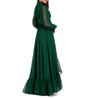 Mac Duggal Chiffon 3D Flower Turtle Neck Illusion Long Balloon Sleeve Ruffle Hem High Low Gown