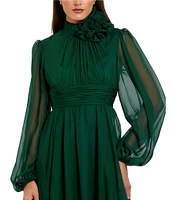 Mac Duggal Chiffon 3D Flower Turtle Neck Illusion Long Balloon Sleeve Ruffle Hem High Low Gown