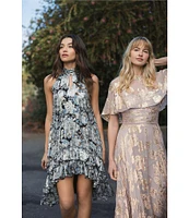 Mac Duggal Chiffon Floral Metallic Print Halter Neck Sleeveless Hi Low Ruffle Hem Shift Mini Dress