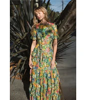 Mac Duggal Chiffon Floral Print Crew Neck Short Sleeve Ruffle Waist Tie Gown