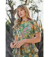 Mac Duggal Chiffon Floral Print Crew Neck Short Sleeve Ruffle Waist Tie Gown