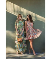 Mac Duggal Chiffon Floral Print Crew Neck Short Sleeve Ruffle Waist Tie Gown