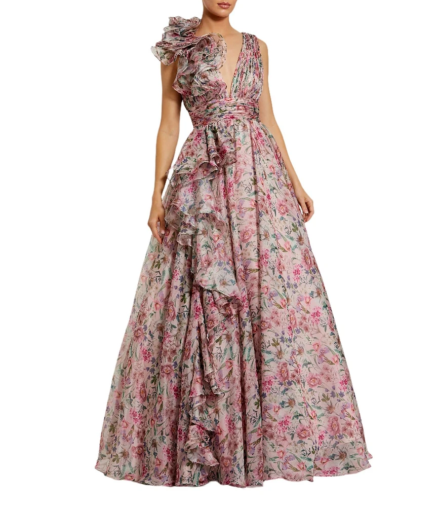 Mac Duggal Chiffon Floral Print V Neck Sleeveless Ruffle A-Line Gown