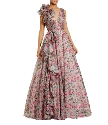 Mac Duggal Chiffon Floral Print V Neck Sleeveless Ruffle A-Line Gown