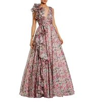 Mac Duggal Chiffon Floral Print V Neck Sleeveless Ruffle A-Line Gown