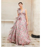 Mac Duggal Chiffon Floral Print V Neck Sleeveless Ruffle A-Line Gown