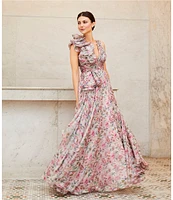 Mac Duggal Chiffon Floral Print V Neck Sleeveless Ruffle A-Line Gown