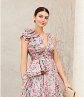 Mac Duggal Chiffon Floral Print V Neck Sleeveless Ruffle A-Line Gown