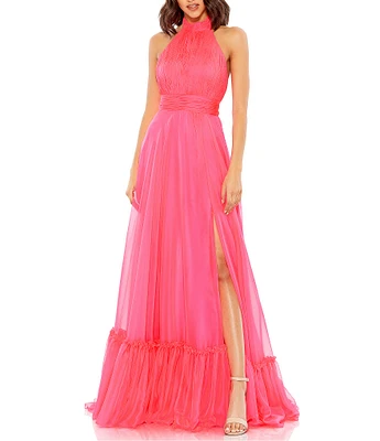 Mac Duggal Chiffon Mock Neckline Sleeveless Tiered Gown