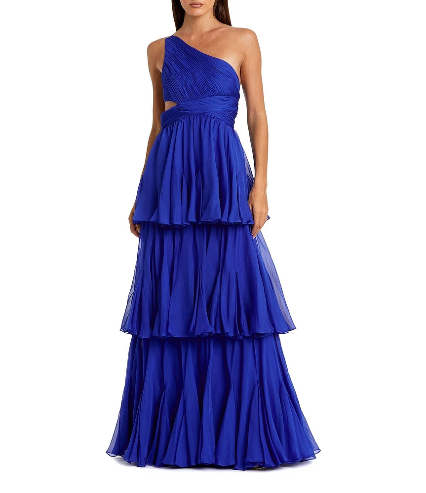 Mac Duggal Chiffon One Shoulder Tiered Hem Side Cut-Out Column Gown