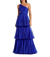 Mac Duggal Chiffon One Shoulder Tiered Hem Side Cut-Out Column Gown