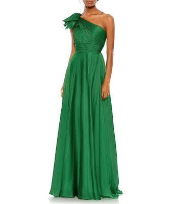 Mac Duggal Chiffon Pleated Asymmetrical Neck Shoulder Ruffle Cap Sleeve Thigh High Slit Gown