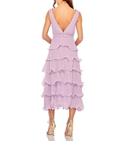 Mac Duggal Chiffon Plunge V-Neck Sleeveless Ruffle Midi A-Line Dress