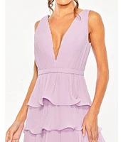 Mac Duggal Chiffon Plunge V-Neck Sleeveless Ruffle Midi A-Line Dress