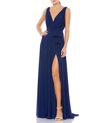 Mac Duggal Chiffon Plunge V-Neck Sleevless Draped Tie Trapeze Gown