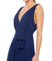Mac Duggal Chiffon Plunge V-Neck Sleevless Draped Tie Trapeze Gown