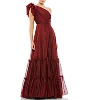 Mac Duggal Chiffon Ruched One Shoulder Flutter Sleeve Tiered Gown