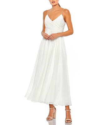 Mac Duggal Chiffon V-Neck Sleeveless Faux Wrap Flowy Midi Dress
