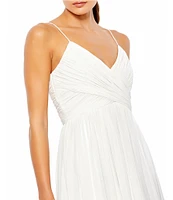 Mac Duggal Chiffon V-Neck Sleeveless Faux Wrap Flowy Midi Dress