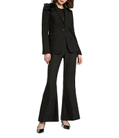 Mac Duggal Classic Crepe Notch Lapel Collar Flower Applique Flap Pocket Long Sleeve Blazer