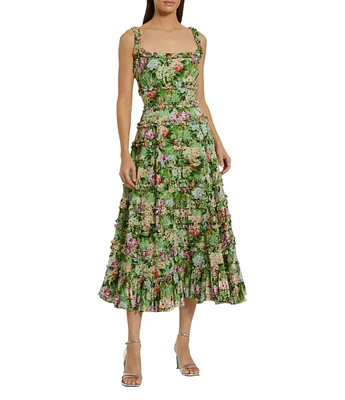 Mac Duggal Cotton Floral Print Square Neck Sleeveless Ruffle Trim A-Line Midi Dress