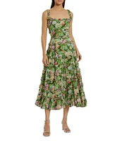 Mac Duggal Cotton Floral Print Square Neck Sleeveless Ruffle Trim A-Line Midi Dress