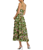 Mac Duggal Cotton Floral Print Square Neck Sleeveless Ruffle Trim A-Line Midi Dress
