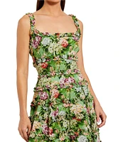 Mac Duggal Cotton Floral Print Square Neck Sleeveless Ruffle Trim A-Line Midi Dress