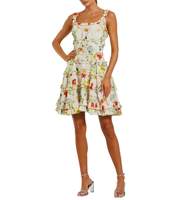 Mac Duggal Cotton Floral Print Square Neck Sleeveless Ruffle Trim A-Line Mini Dress