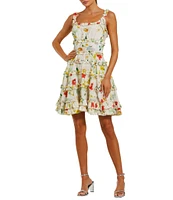 Mac Duggal Cotton Floral Print Square Neck Sleeveless Ruffle Trim A-Line Mini Dress