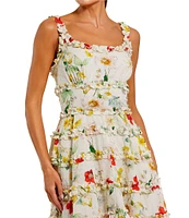 Mac Duggal Cotton Floral Print Square Neck Sleeveless Ruffle Trim A-Line Mini Dress