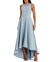 Mac Duggal Crepe Beaded High Neck Sleeveless High-Low Ball Gown