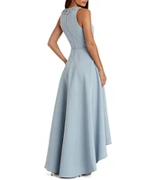 Mac Duggal Crepe Beaded High Neck Sleeveless High-Low Ball Gown
