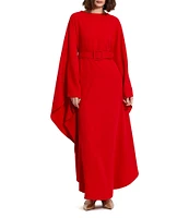 Mac Duggal Crepe Boat Neck Long Flared Ruffle Sleeve Belted Maxi Caftan Gown