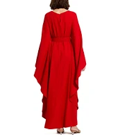 Mac Duggal Crepe Boat Neck Long Flared Ruffle Sleeve Belted Maxi Caftan Gown