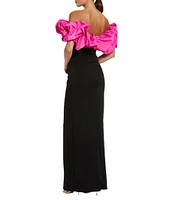 Mac Duggal Crepe Faille Color Block Off-The-Shoulder Neck Ruffle Sleeve Gown