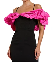 Mac Duggal Crepe Faille Color Block Off-The-Shoulder Neck Ruffle Sleeve Gown