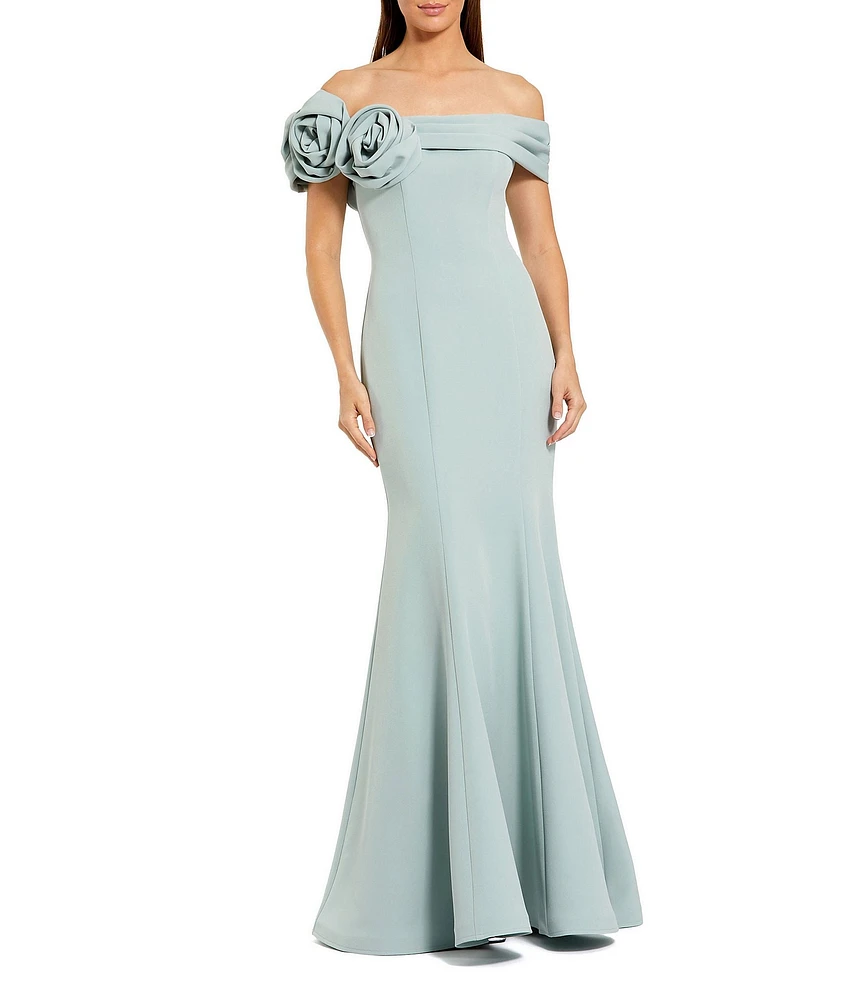 Mac Duggal Crepe Off-The-Shoulder 3D FLoral Mermaid Gown