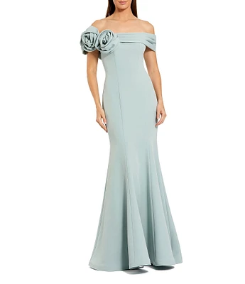Mac Duggal Crepe Off-The-Shoulder 3D FLoral Mermaid Gown