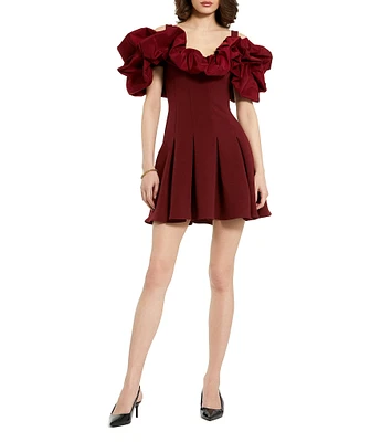 Mac Duggal Crepe Off-the-Shoulder Short Ruffle Sleeve Godet A-Line Dress