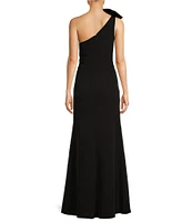 Mac Duggal Crepe One Shoulder Sleeveless Bow Shoulder Side Slit Gown