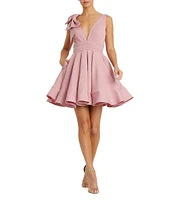Mac Duggal Crepe Plunge V-Neck Sleeveless Bow Fit & Flare Mini Dress