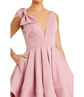 Mac Duggal Crepe Plunge V-Neck Sleeveless Bow Fit & Flare Mini Dress