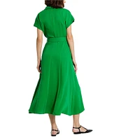 Mac Duggal Crepe Point Collar Short Sleeve Belted A-Line Dress