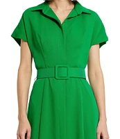 Mac Duggal Crepe Point Collar Short Sleeve Belted A-Line Dress