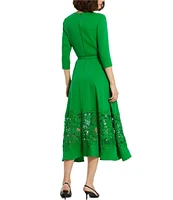 Mac Duggal Crepe Round Neck 3/4 Sleeve Applique Lace Belted Midi A-Line Dress